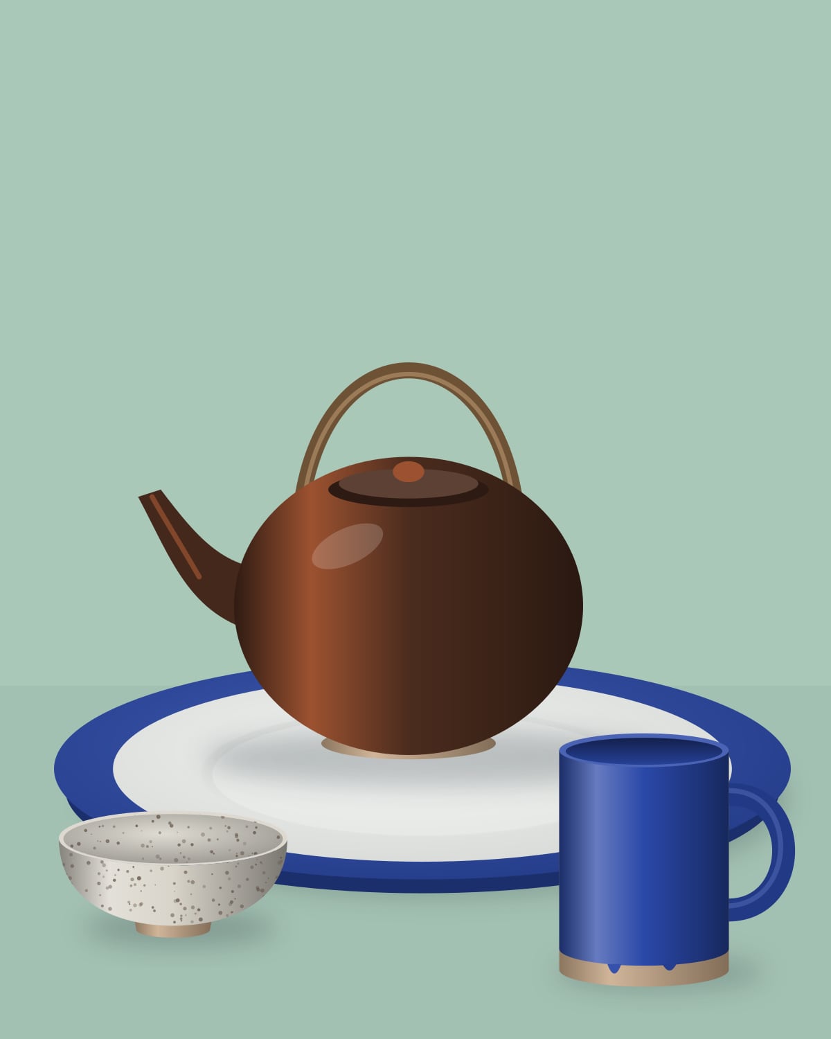 A tenmoku teapot on a cobalt-rimmed plate, with an ash-glazed bowl and a cobalt mug beside it.