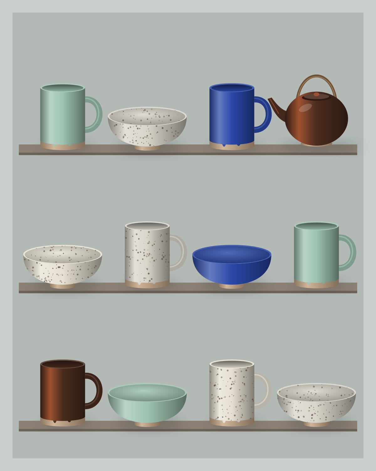 Three kiln shelves holding glazed mugs, bowls and a teapot.